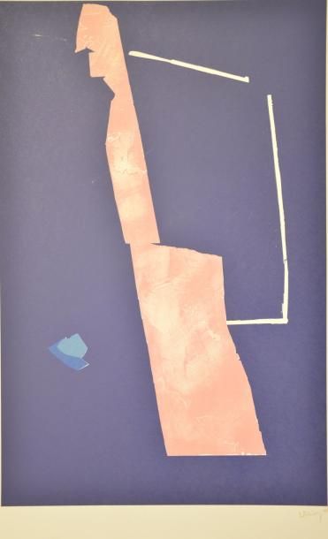 André LANSKOY (1902-1976) Composition type collage sur fond bleu Lithographie en...