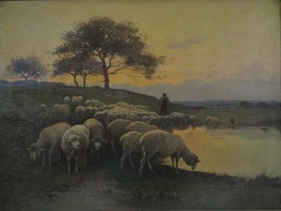 Dominique Adolphe GRENET de JOIFNY (1821-1885) Berger et ses moutons au crépuscule...