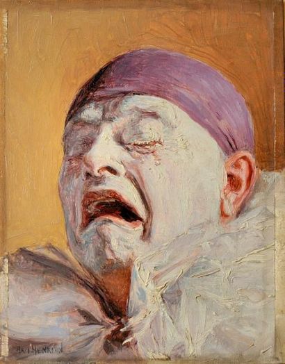 Armand (François Joseph) HENRION (1875-1958) Clown au bonnet mauve Huile sur panneau...