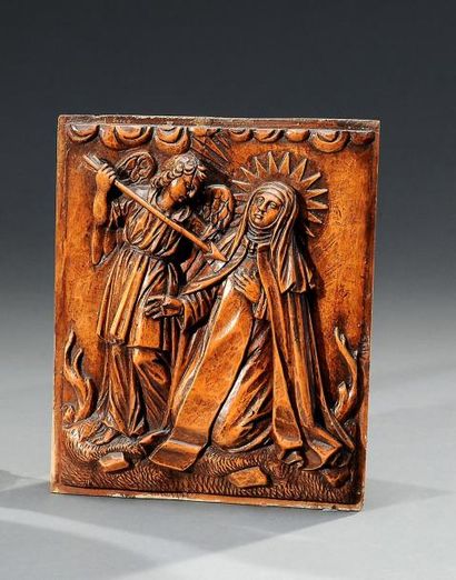 null L'extase mystique de Sainte Thérèse Plaque de buis sculptée en fort relief XVIIIème...