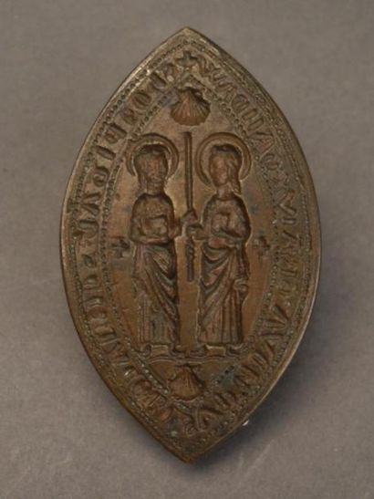 null Matrice de sceau en bronze forme de mandorle XVème siècle Porte une marque à...