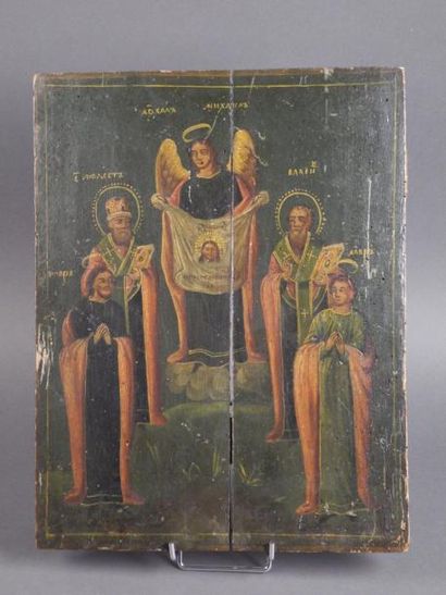 null Icône sur bois représentant Sainte Veronique et deux saints Panneau de bois...