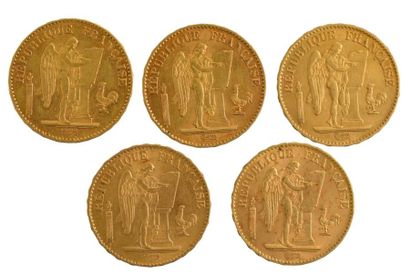 France IIIème Républiqe Lot de 5 pièces de 20 francs or de 1874 à 1889 TTB et TT...
