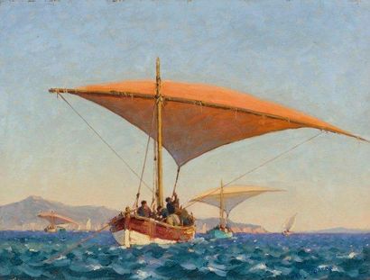 Paul JOBERT (1863-1942) Pêcheurs en mer Huile sur toile, signée en bas à droite 53...