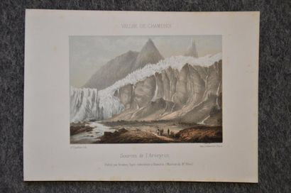 D'après GRUNDMANN Lot de gravures: La mer de glace L'entrée de la Vallée de Chamonix...