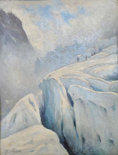 GABRIEL LOPPÉ (1825-1913) Cordée sur le Glacier (du Géant ?) Huile sur carton, signée...