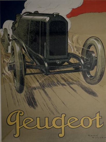 null Affiche PEUGEOT D'après un dessin de René Vincent Réédition de l'Automobiliste...