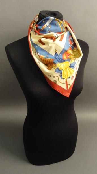 HERMES Petit foulard en coton "Charmes des plages normandes", Signé "Loïc DUBIGEON",...