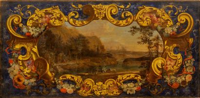 Jan van HUYSUM - Attribué à (1682-1749) Paysage lacustre entouré d'un cartouche feuillagé...
