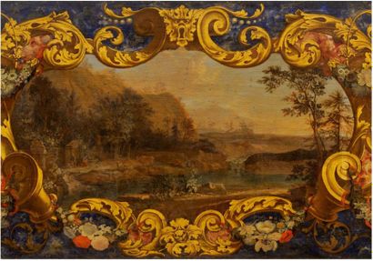 Jan van HUYSUM - Attribué à (1682-1749) Paysage lacustre entouré d'un cartouche feuillagé...
