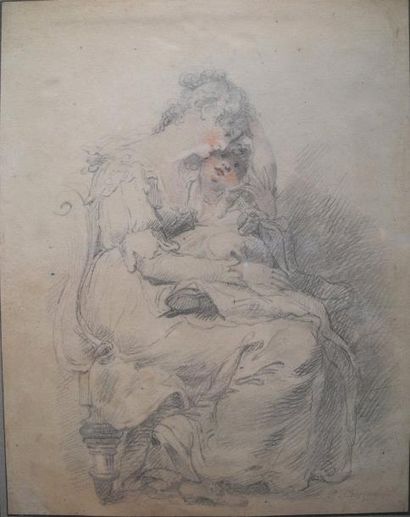 Richard COSWAY (1742-1821) Mère et enfant Dessin au crayon, signé en bas à droite...