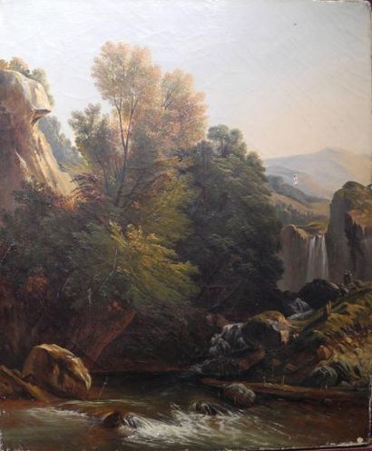 ECOLE FRANCAISE DU XIXème siècle Paysage au torrent Huile sur toile 46.5 x 38 cmp...