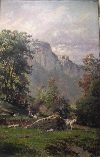 Louis GINY (XIXème siècle) Bergère dans un paysage Huile sur panneau, signée en bas...
