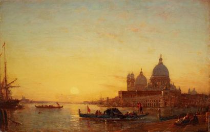 Félix ZIEM (1821-1911) La pointe de la douane au soleil couchant Huile sur panneau,...
