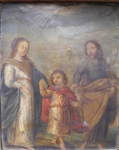 ECOLE ITALIENNE DU XVIIème SIECLE La Sainte Famille Huile sur cuivre 16 x 13 cm