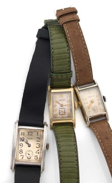 null Lot de trois montres rectangulaires des années 40. LONGINES-GIM-ZENITH Mouvements...