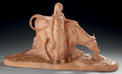 Amadéo GENNARELLI (1841-1943) Terre cuite patinée figurant une laitière et une vache....