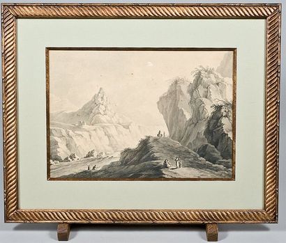 Ecole Italienne du XIXème siècle Paysage de montagne animé Dessin à l'encre et lavis...