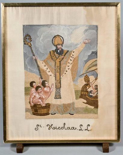 ECOLE FRANCAISE DU XIXème siècle Saint Nicolas Broderie et aquarelle 29 x 23 cm