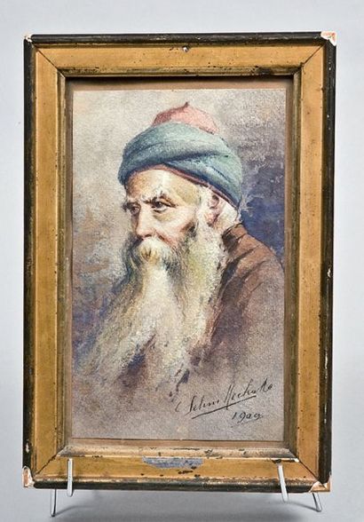 MECHAKO Selimi Portrait d'homme au turban Aquarelle, signée et datée en bas à droite...