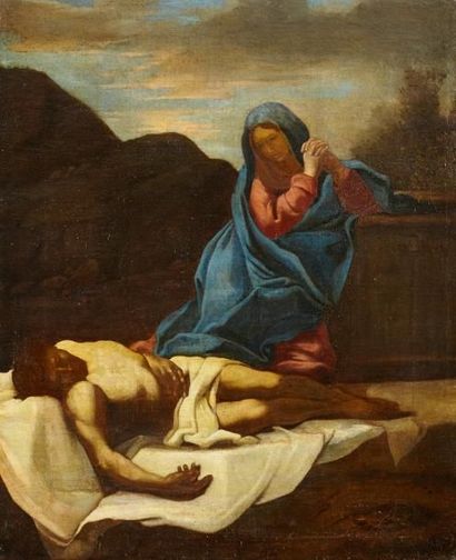 Dans le goût italien du XVIIeme Le Christ mort Huile sur toile 71 x 58 cm