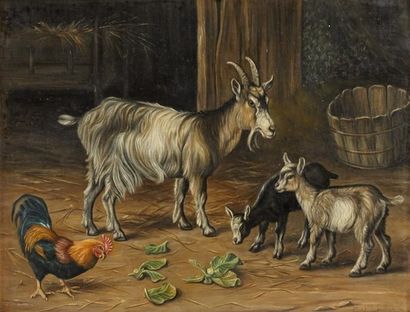 Edgar HUNT (1876 - 1953) Chèvres et poules, 1907 Huile sur toile, signée et datée...