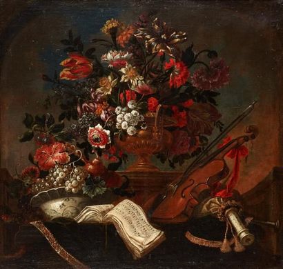 Pierre Nicolas HUILLOT (Paris, 1674 - 1751) Fleurs dans un vase de bronze posé sur...