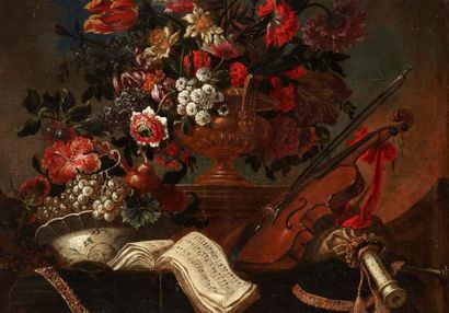 Pierre Nicolas HUILLOT (Paris, 1674 - 1751) Fleurs dans un vase de bronze posé sur...