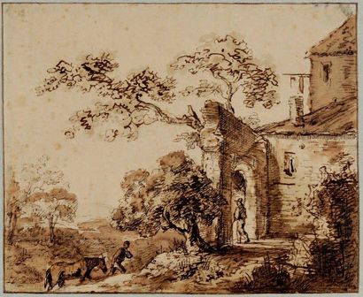 Charles ESCHARD (Caen, 1748 - 1810) Paysage Plume, encre noire et lavis brun sur...