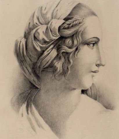 Marie CALLUAUD (XIXe siècle) ? Portrait de femme de profil Pierre noire, signée et...