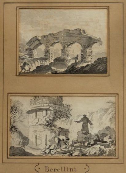Lorenzo BERETTINI (XIXème siècle ) Vue d'architecture et ruines Deux dessins à l'encre...