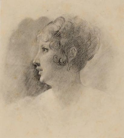 Jeanne GARCIN (née en 1867) Portrait de femme de profil Crayon et rehauts de blanc...