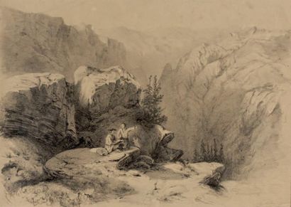 ECOLE FRANCAISE DU XIXème siècle Artistes dessinant dans un paysage de montagne Pierre...