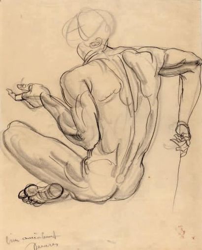 Albert DECARIS (1901-1988) Etude d'homme nu assis Crayon noir sur papier beige Signé...