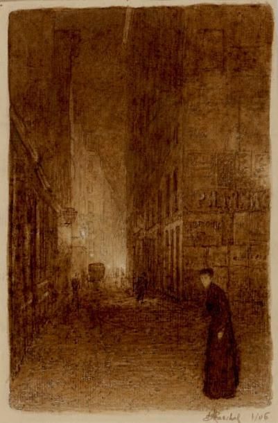 H. Marchal (XXe siècle) Femme dans une rue Crayon et lavis d'encre Signé en bas à...