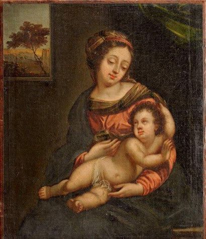 Ecole FRANCAISE du XVIIIème siècle, d'après RAPHAEL Vierge à l'Enfant Huile sur toile...