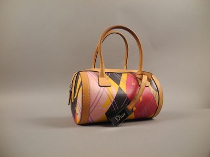 CHRISTIAN DIOR Sac "Bowling" en toile multicolore et cuir naturel 15x14 cm (état...