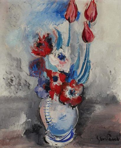 GEN PAUL (1895-1975) Bouquet de tulipes et anémones au vase bleue, circa 1926 Huile...