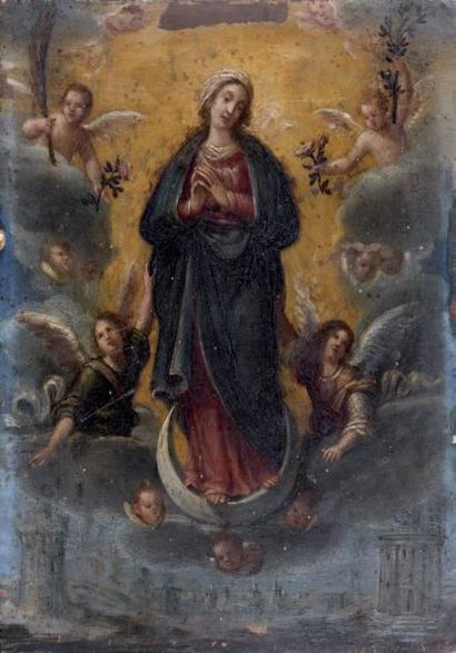 Ecole FLORENTINE vers 1630 L'assomption de la Vierge Cuivre gravé au dos 21.2 x 16...