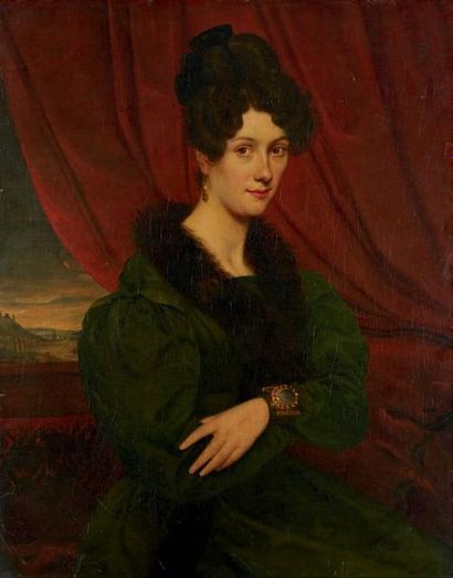 ÉCOLE FRANÇAISE VERS 1820 Portrait de femme en robe verte et col de fourrure Toile...