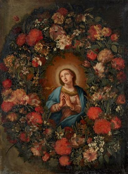 Dans le goût flamand du XVIIème Vierge en prière entourée de guirlandes de fleurs...