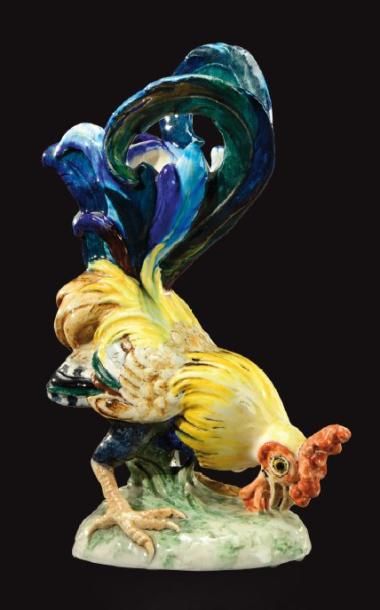 Edmond Lachenal (1855-1930) Sujet en céramique émaillée polychrome figurant un coq...