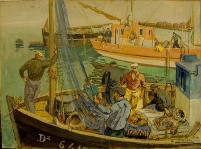 Jim Emile SEVELLEC (1897-1971) Peintre de la marine Marins bretons Gouache sur papier,...