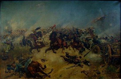 FOURNIER d'après De Neuville Charge de cavalerie, 1889 Huile sur toile, signée en...