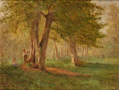 Louis Valère LEFEBVRE (1840-1902) Promenade bucolique, Le Raincy avril 1875 Huile...