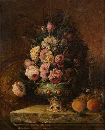 Etienne Leon TREBUTIEN (1823-1871) Nature morte aus roses Huile sur toile, signée...