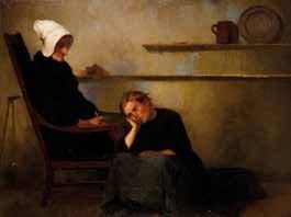 Ecole du XIXème siècle Jeune fille assise aux pieds d'une jeune femme Huile sur toile...