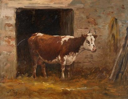 CHAIGNEAU (1830 -1906) Vache - Intérieur d'étable Huile sur toile, monogrammée en...