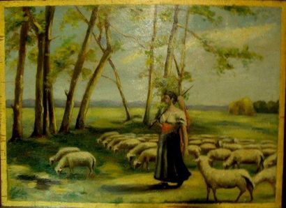 Louis TAUZIN (1842-1915) La bergère Huile sur panneau, signée, dédicacée et datée...
