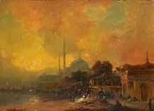 Attribué à Henri DUVIEUX (1855-1902) Vue d'Istanbul Huile sur toile, portant une...